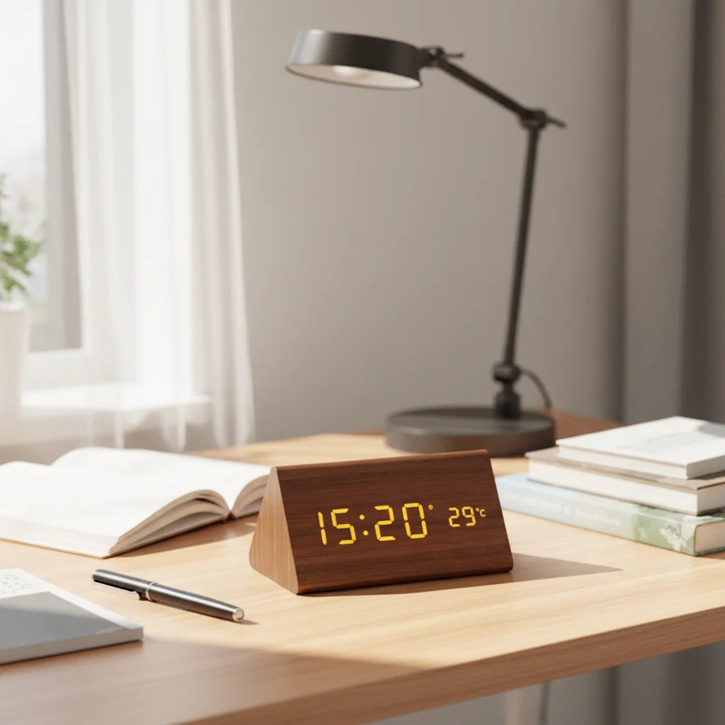 Table Clock Wooden LED Display Voice-Activated Controls