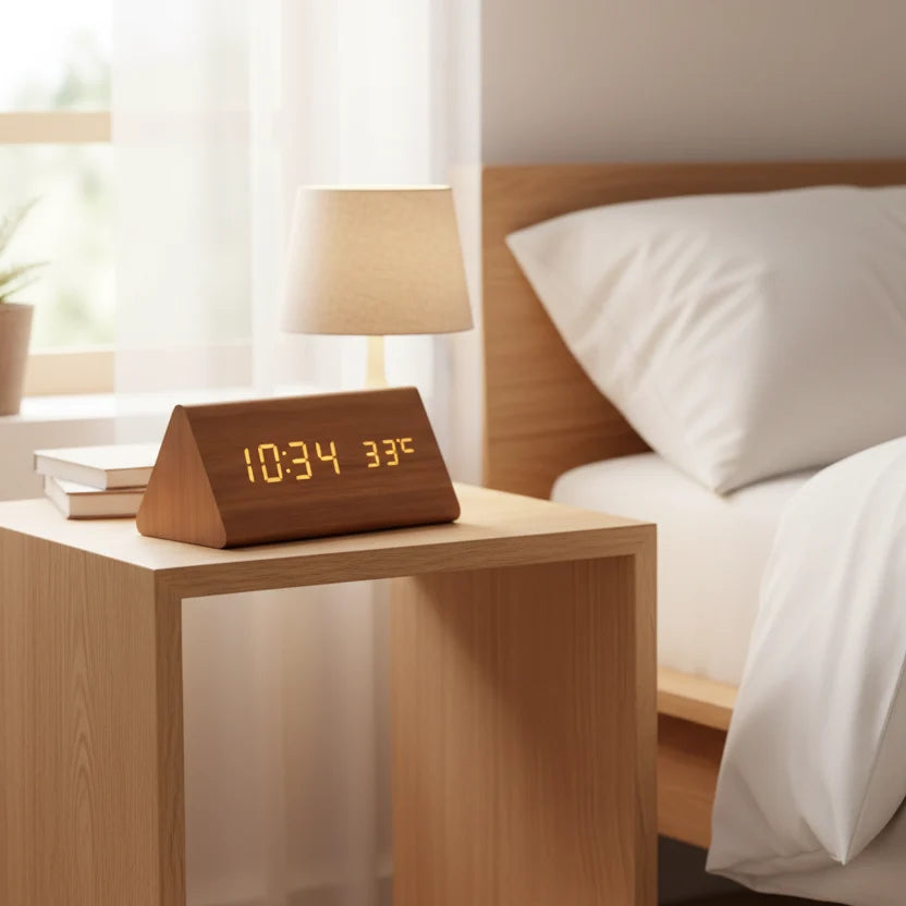 Table Clock Wooden LED Display Voice-Activated Controls