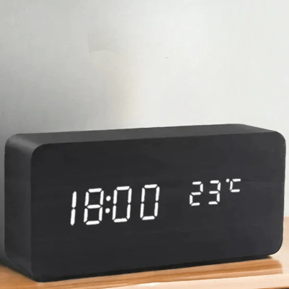 Table Clock Wooden LED Display Voice-Activated Controls