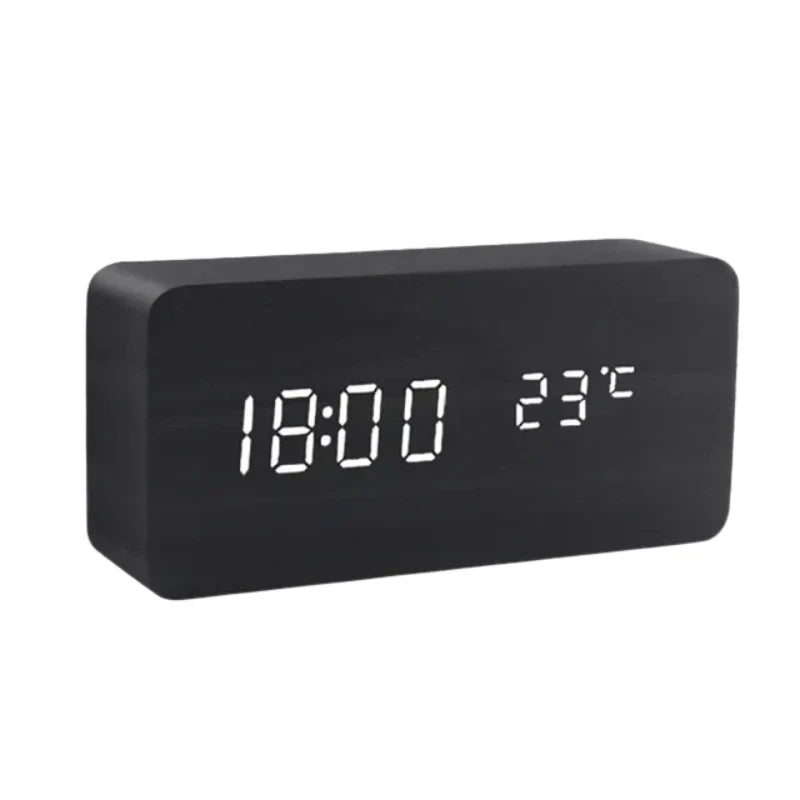 Table Clock Wooden LED Display Voice-Activated Controls