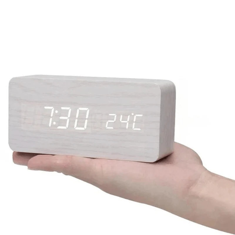 Table Clock Wooden LED Display Voice-Activated Controls