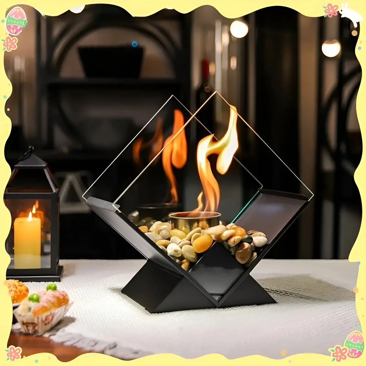 Table Fireplace Bio-Ethanol Real Flame Mirrored Panels & Stones