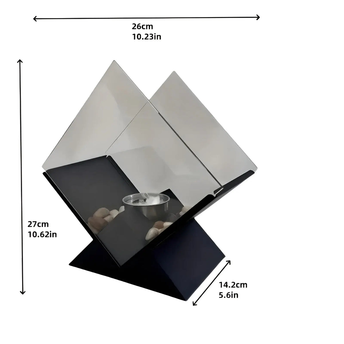Table Fireplace Bio-Ethanol Real Flame Mirrored Panels & Stones