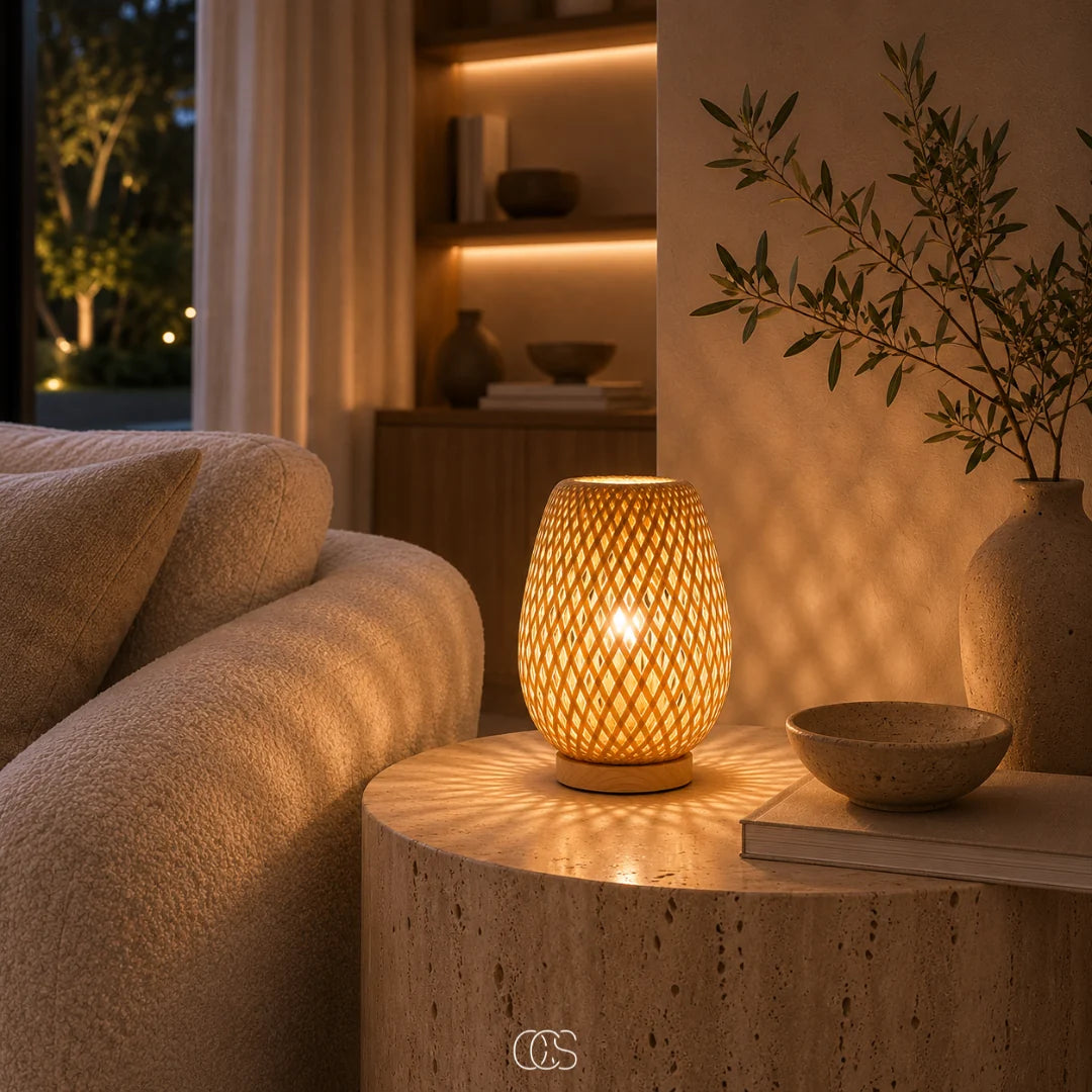 Table Lamp Handwoven Bamboo Cordless Dimmable LED