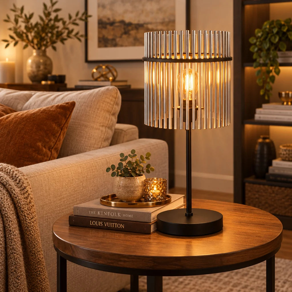 Table Lamp Smoke Glass Rod Shade Soft Ambient Glow