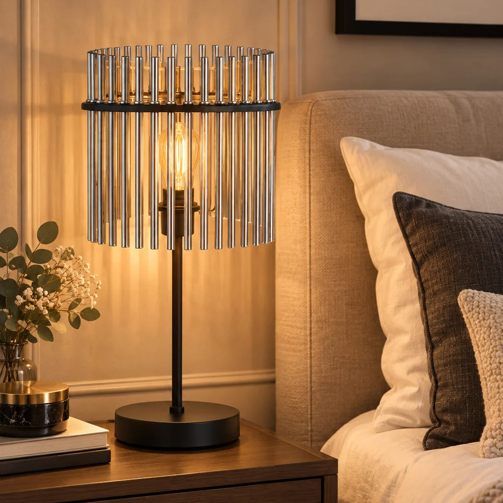 Table Lamp Smoke Glass Rod Shade Soft Ambient Glow