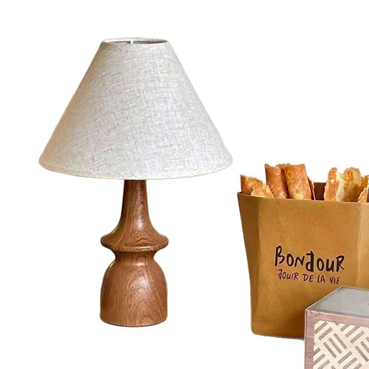 Table Lamp Wooden Base Fabric Shade Warm Light Options