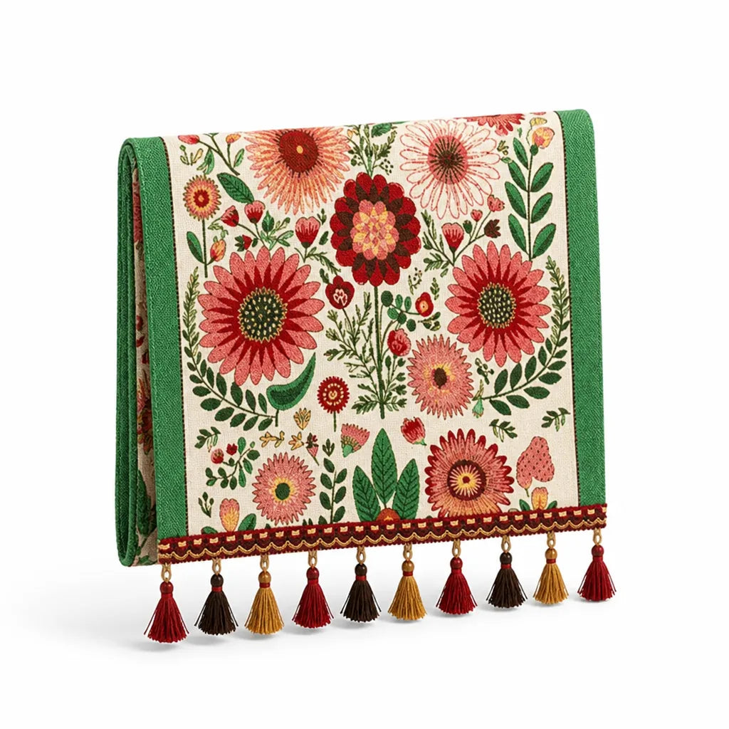 Table Runner Embroidered Floral Tassel Trim Machine Washable