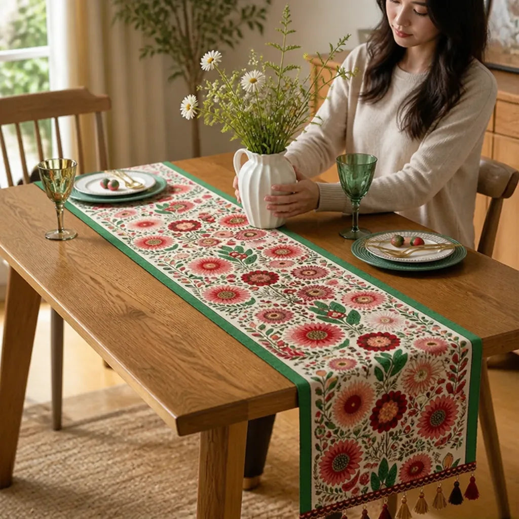 Table Runner Embroidered Floral Tassel Trim Machine Washable