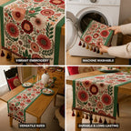 Table Runner Embroidered Floral Tassel Trim Machine Washable