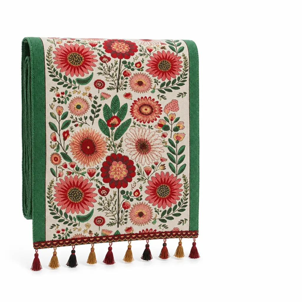 Table Runner Embroidered Floral Tassel Trim Machine Washable