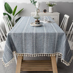 Tablecloth Striped Cotton-Linen Tassel Fringe Stain-Resistant
