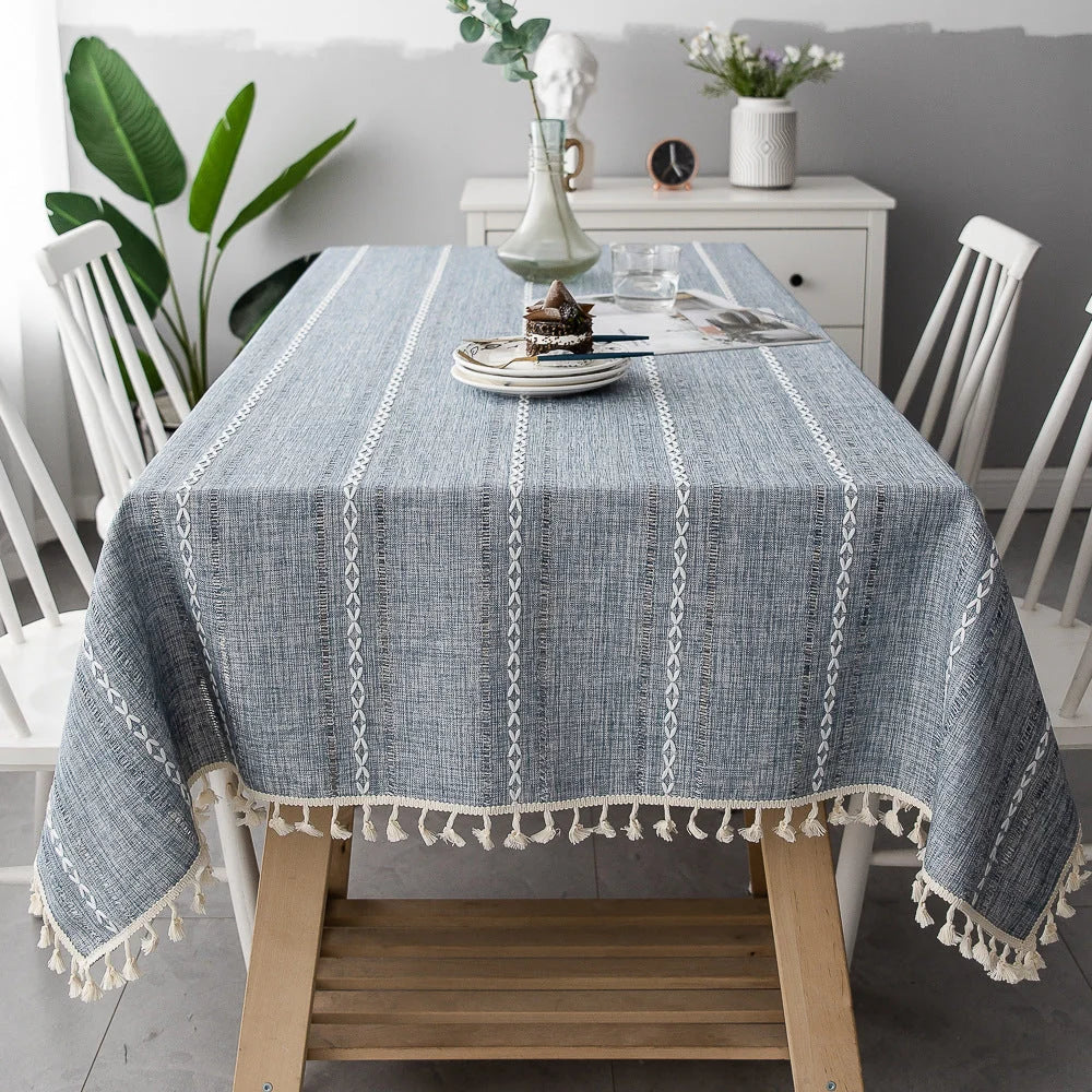 Tablecloth Striped Cotton-Linen Tassel Fringe Stain-Resistant
