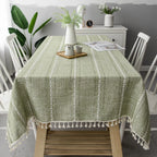 Tablecloth Striped Cotton-Linen Tassel Fringe Stain-Resistant