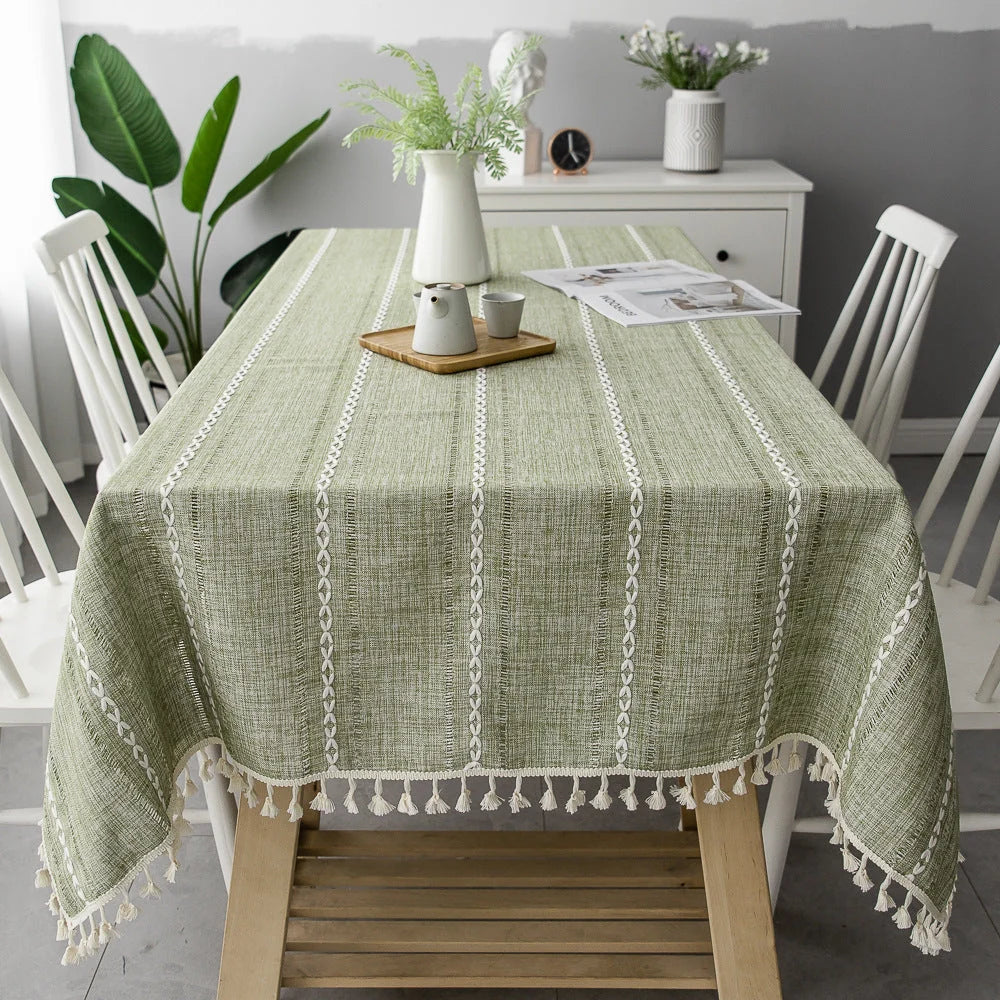 Tablecloth Striped Cotton-Linen Tassel Fringe Stain-Resistant