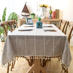 Tablecloth Striped Cotton-Linen Tassel Fringe Stain-Resistant