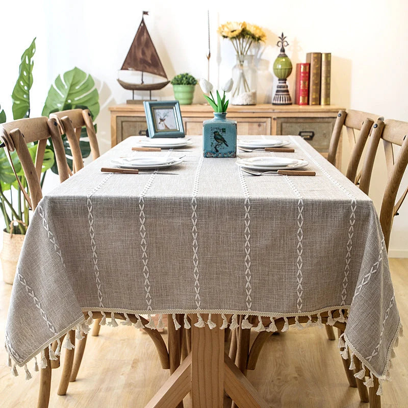 Tablecloth Striped Cotton-Linen Tassel Fringe Stain-Resistant