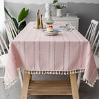 Tablecloth Striped Cotton-Linen Tassel Fringe Stain-Resistant