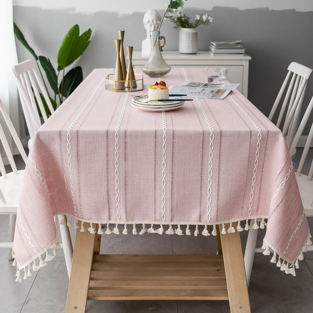 Tablecloth Striped Cotton-Linen Tassel Fringe Stain-Resistant