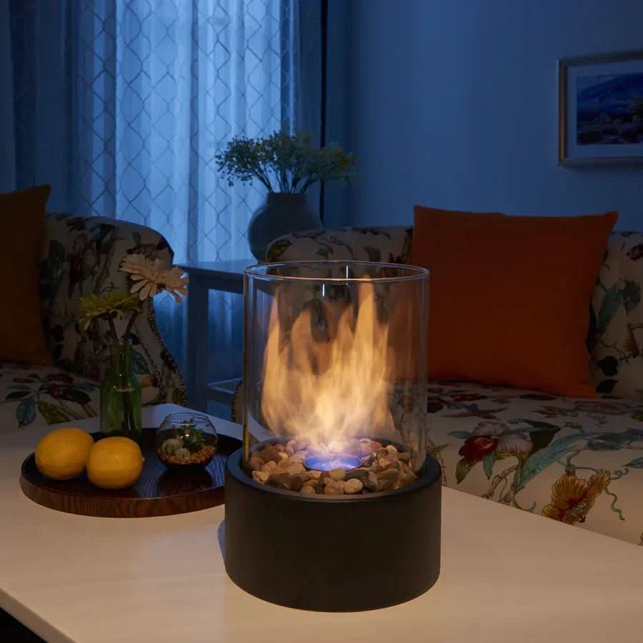 Tabletop Bioethanol Fireplace Smoke-Free Tempered Glass & Iron Base