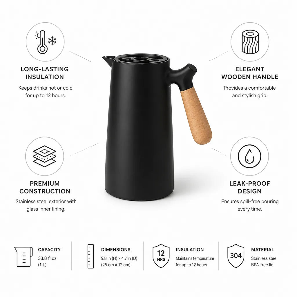 Thermal Carafe Stainless Steel Glass-Lined Wooden Handle
