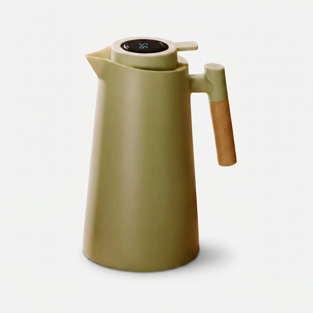 Thermos Flask Double-Walled Stainless Steel Leak-Proof Lid Wooden Handle
