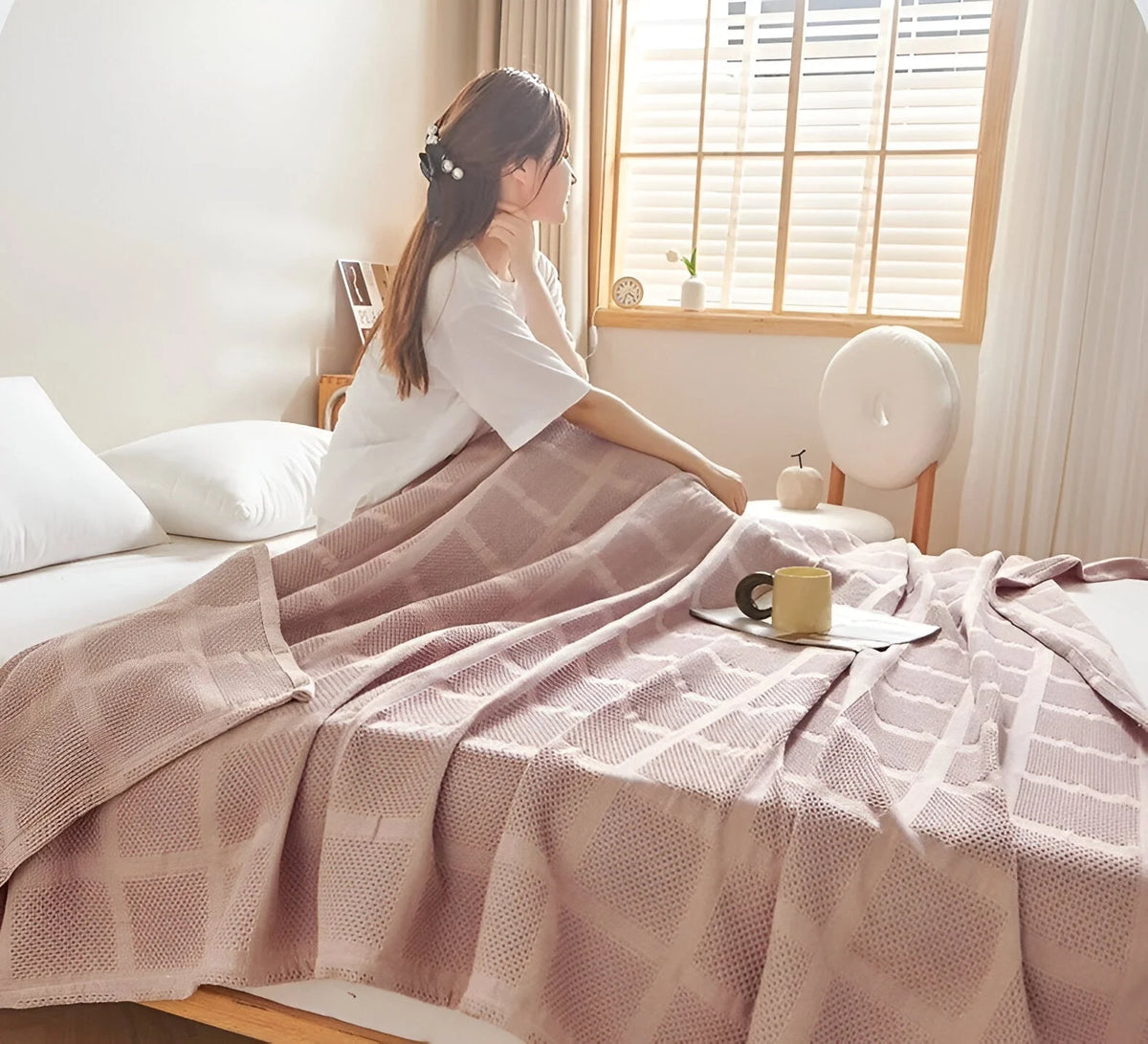 Throw Blanket 100% Cotton Breathable Waffle Weave All-Season