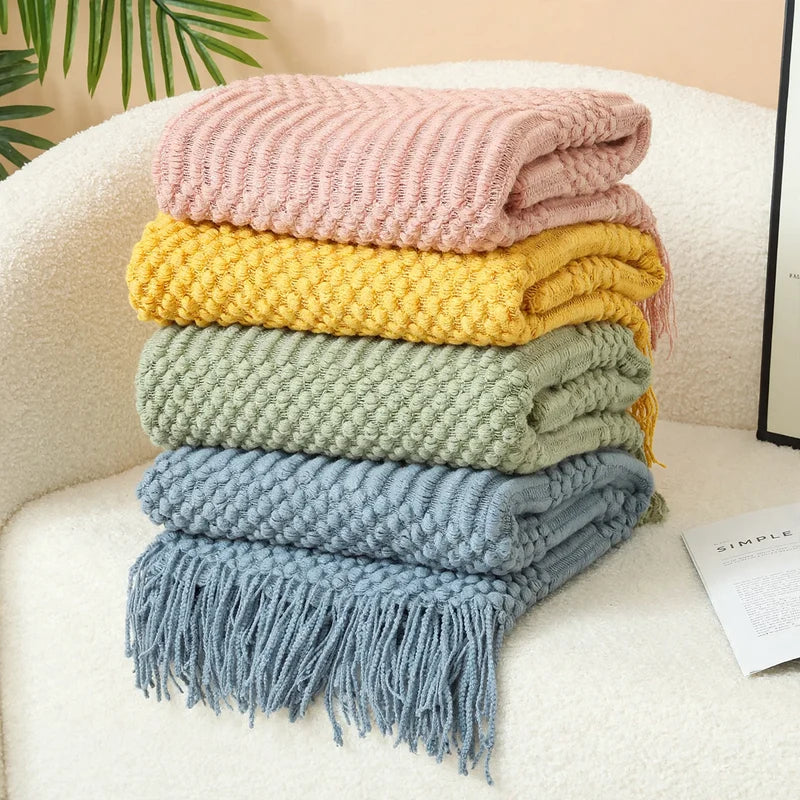 Throw Blanket Acrylic Knit Nordic Style With Fringe