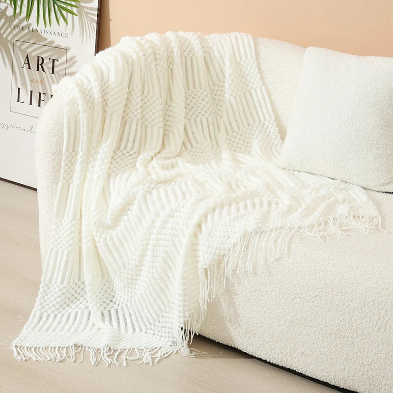 Throw Blanket Acrylic Knit Nordic Style With Fringe