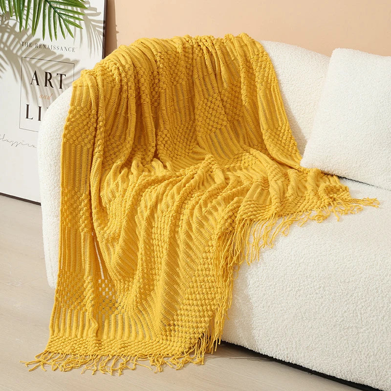 Throw Blanket Acrylic Knit Nordic Style With Fringe