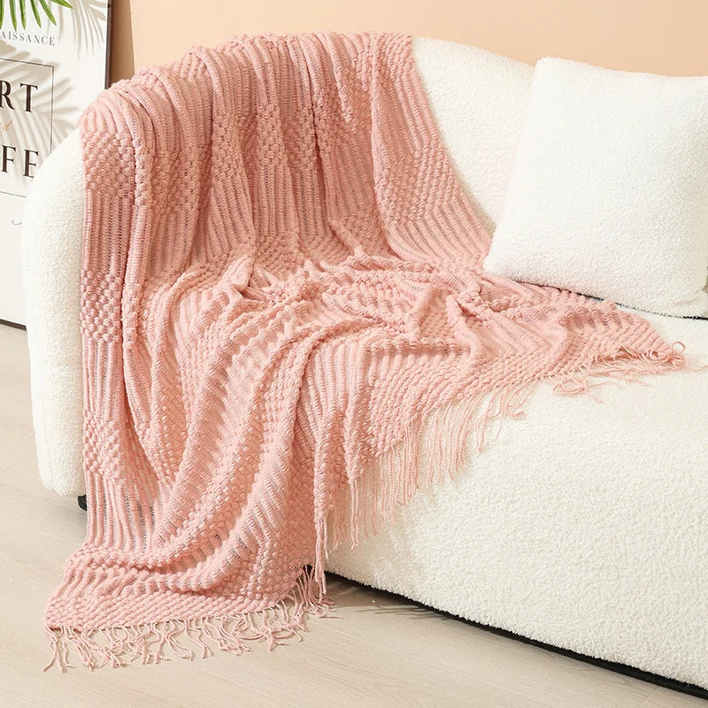 Throw Blanket Acrylic Knit Nordic Style With Fringe