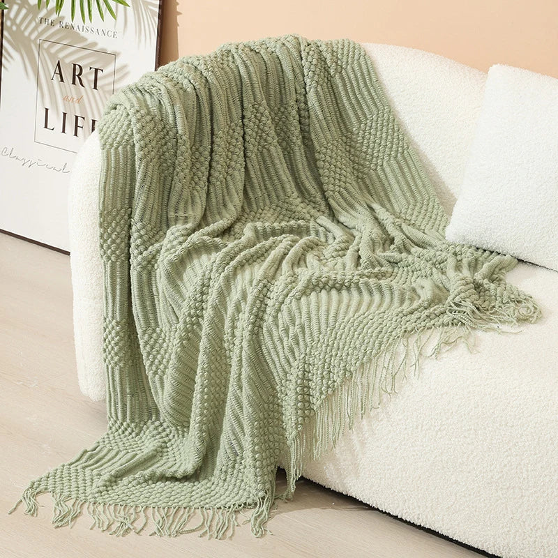 Throw Blanket Acrylic Knit Nordic Style With Fringe