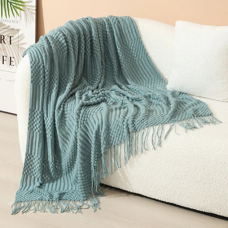 Throw Blanket Acrylic Knit Nordic Style With Fringe