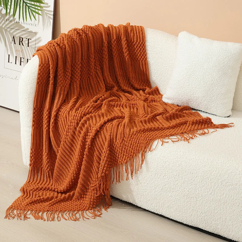 Throw Blanket Acrylic Knit Nordic Style With Fringe