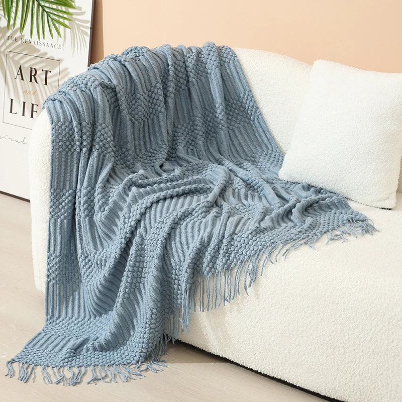 Throw Blanket Acrylic Knit Nordic Style With Fringe