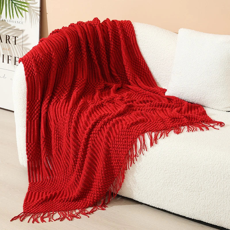 Throw Blanket Acrylic Knit Nordic Style With Fringe
