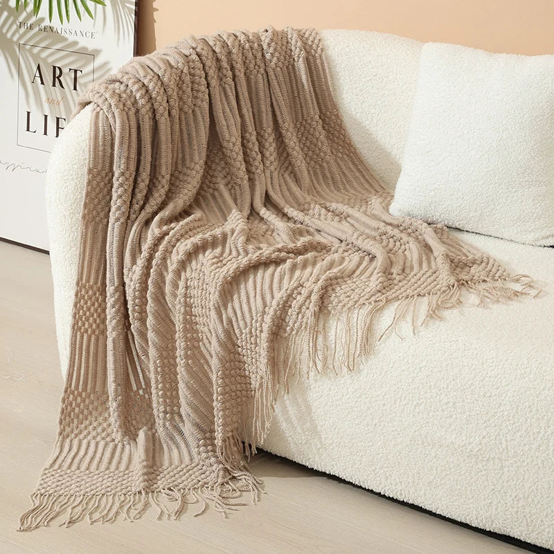 Throw Blanket Acrylic Knit Nordic Style With Fringe