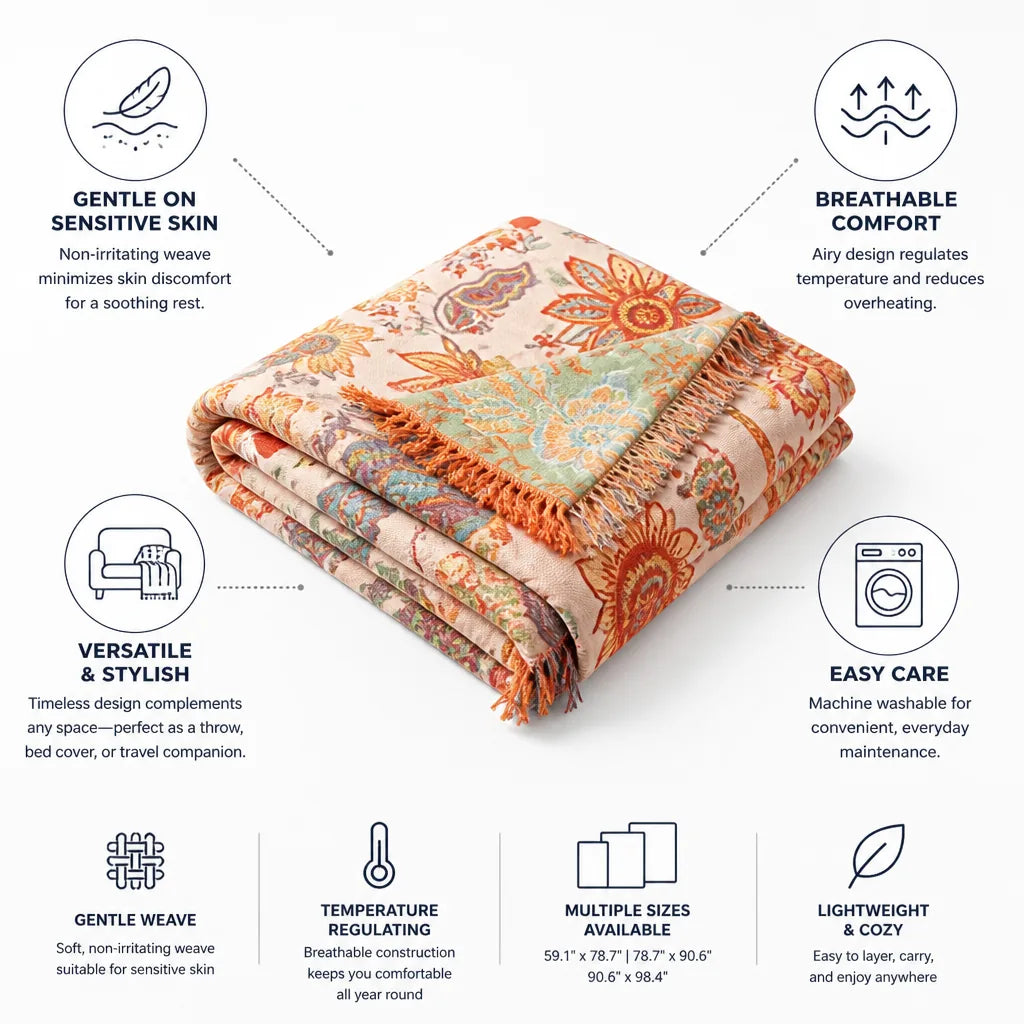 Throw Blanket Breathable Gentle on Sensitive Skin Machine Washable