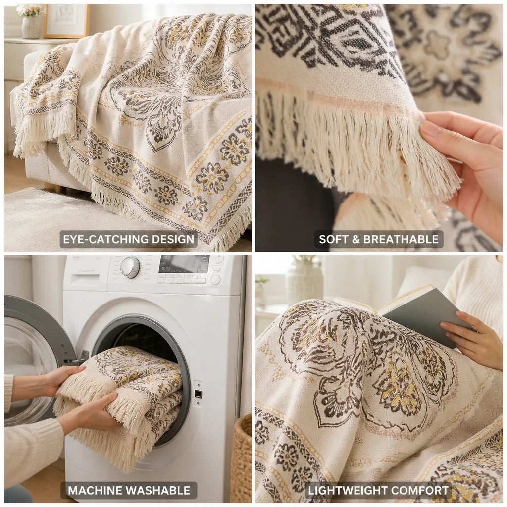 Throw Blanket Cotton Mandala Fringe Machine-Washable