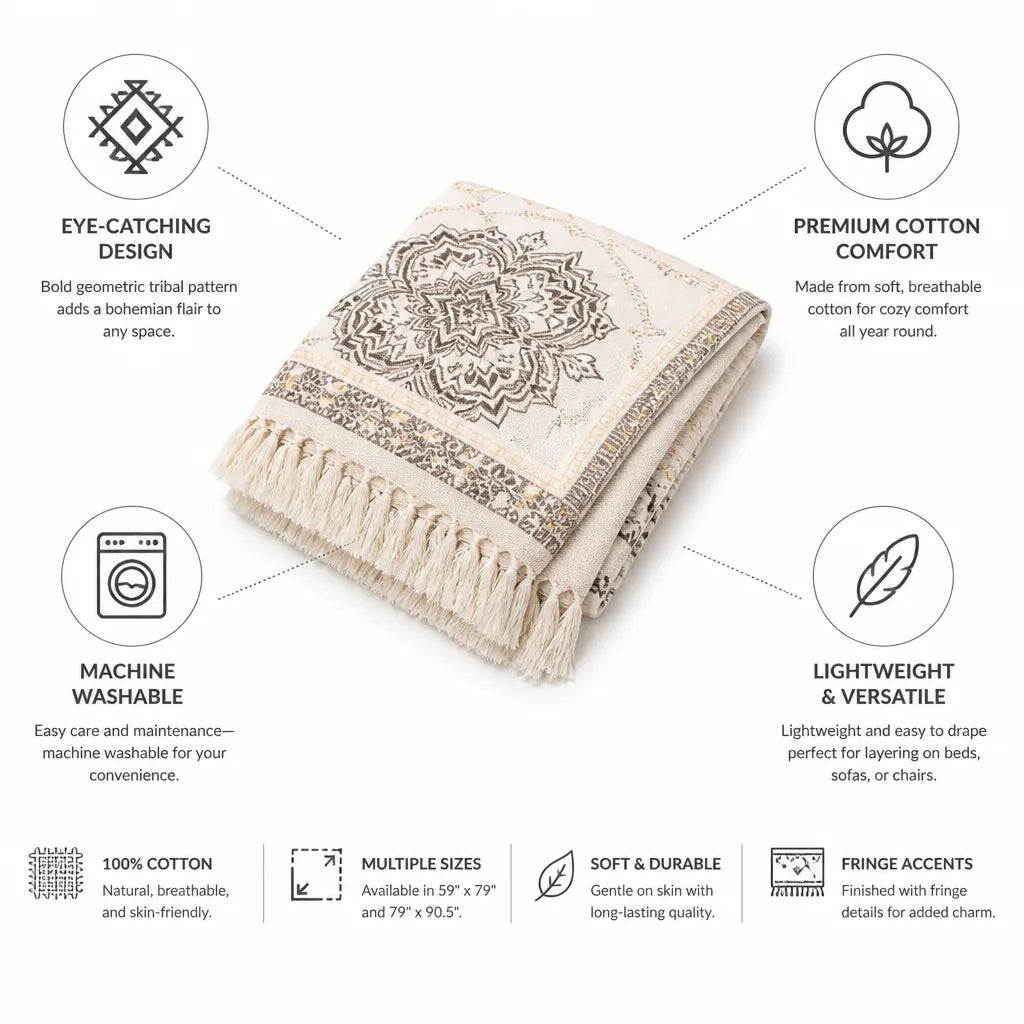 Throw Blanket Cotton Mandala Fringe Machine-Washable