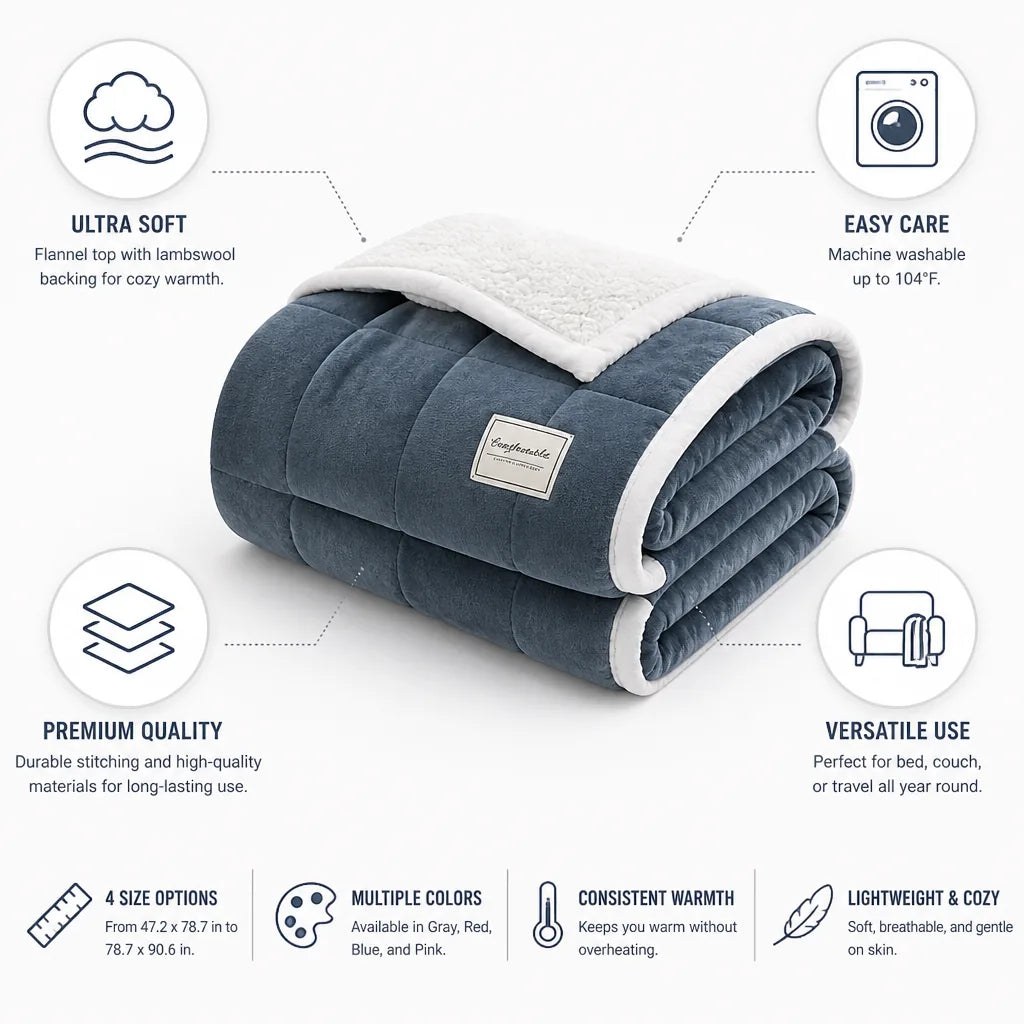 Throw Blanket Flannel Top & Lambswool Backing Machine Washable