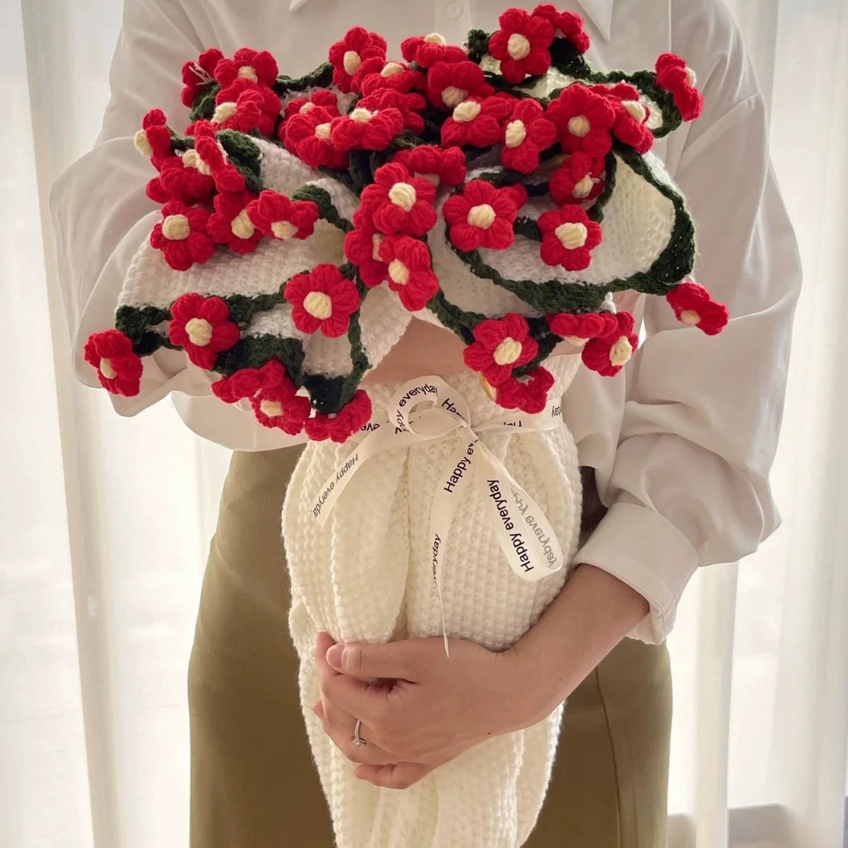 Throw Blanket Handcrafted Crocheted Flower Appliques Double-Knit