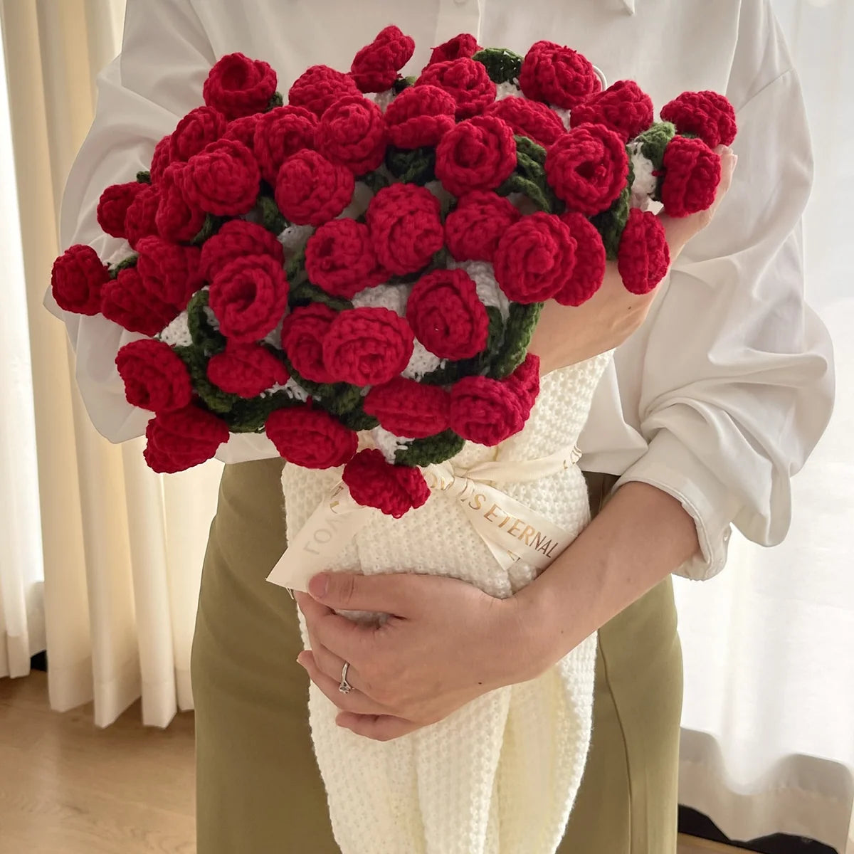 Throw Blanket Handcrafted Crocheted Flower Appliques Double-Knit