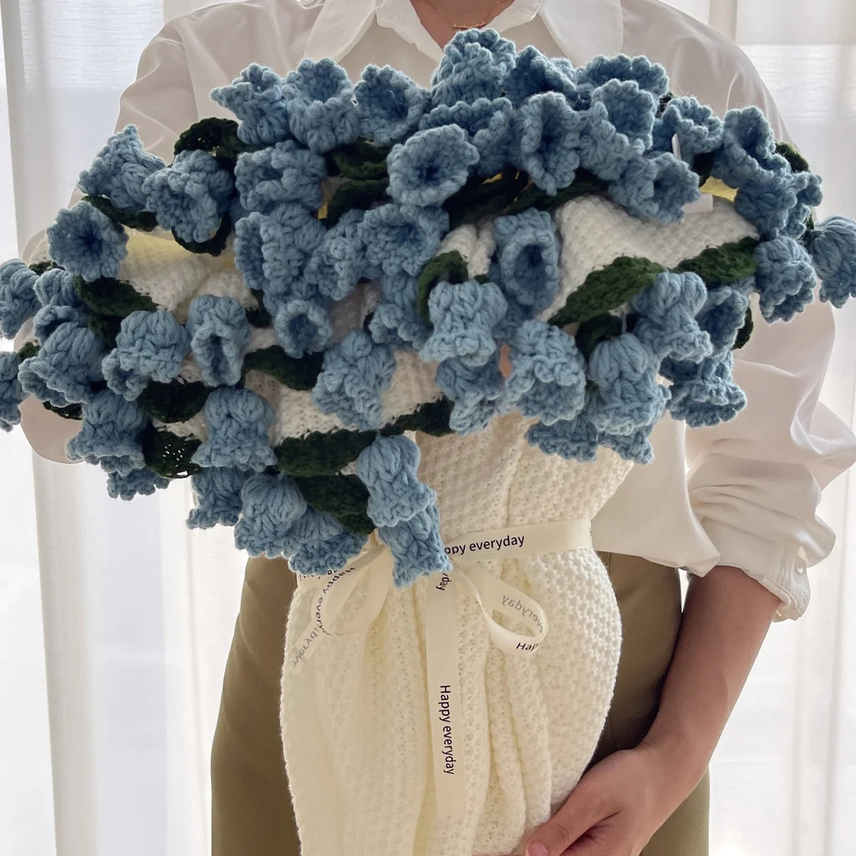 Throw Blanket Handcrafted Crocheted Flower Appliques Double-Knit
