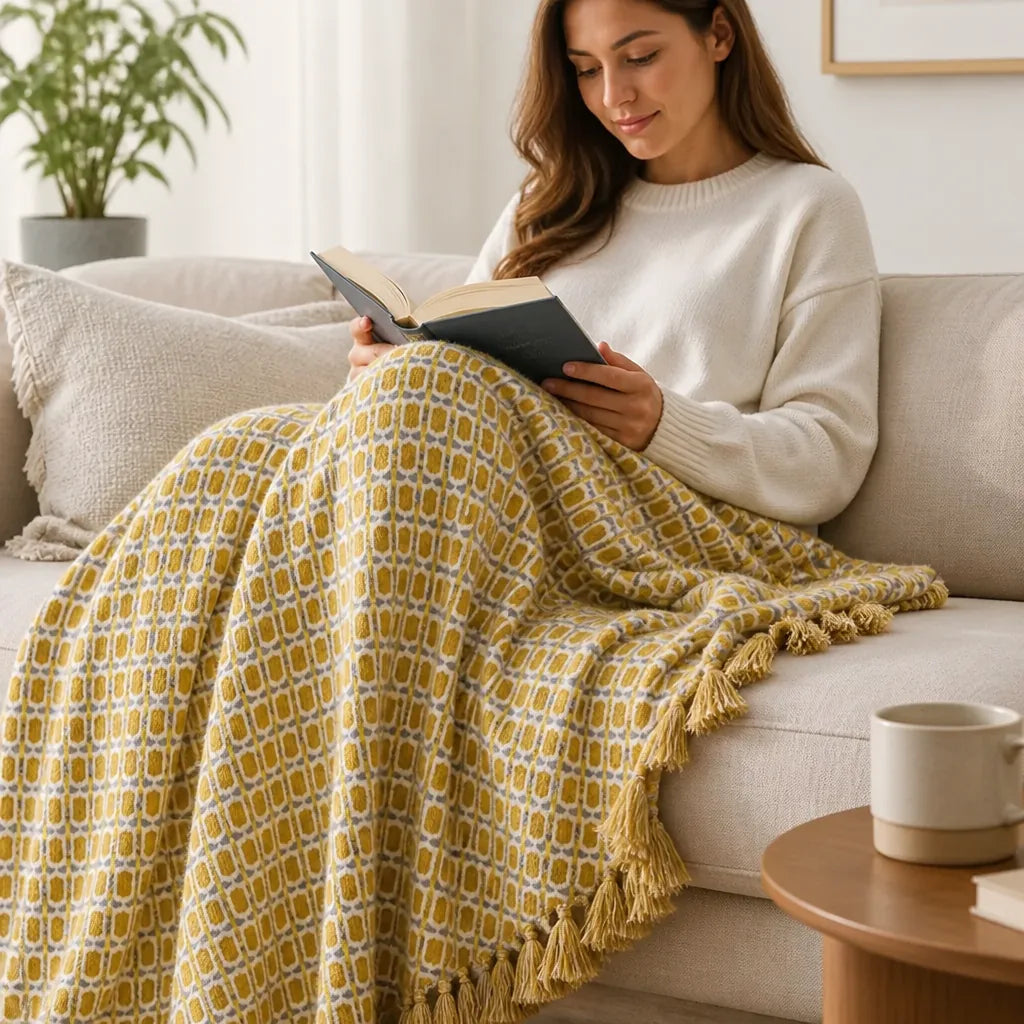 Throw Blanket Knitted Cotton Tassels