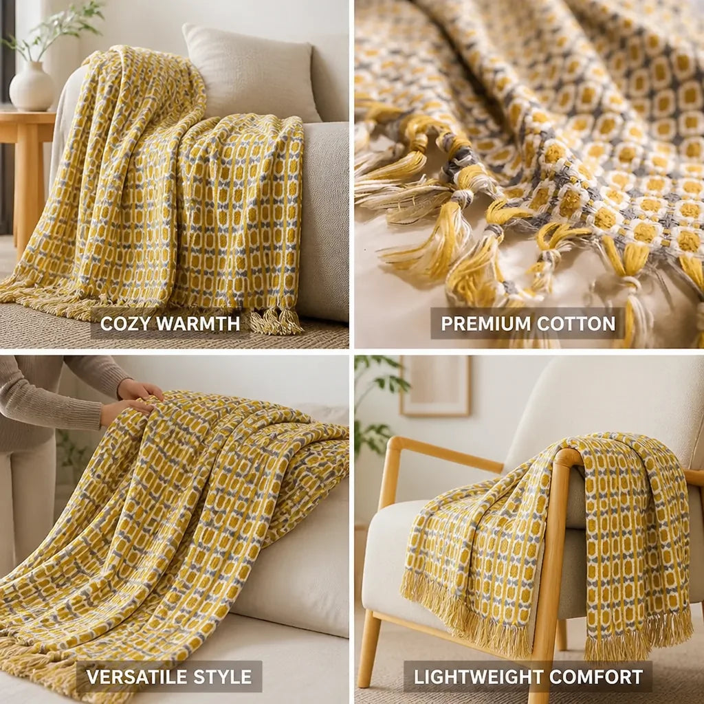 Throw Blanket Knitted Cotton Tassels