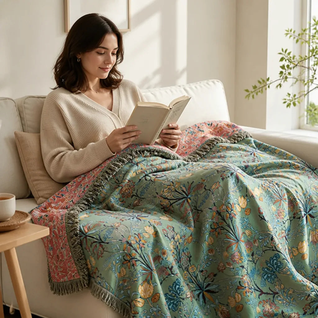 Throw Blanket Reversible Cotton Jacquard Tassels