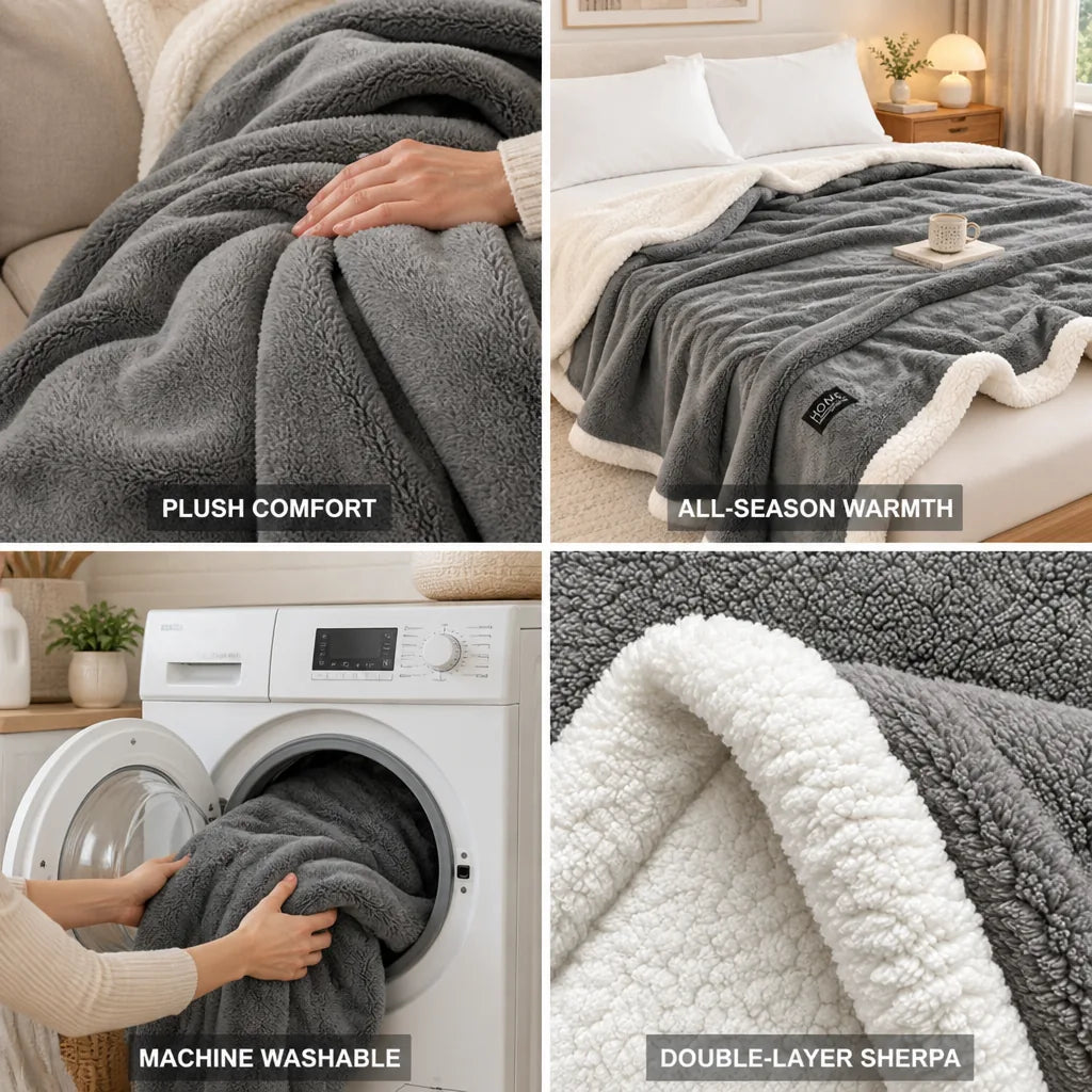 Throw Blanket Sherpa Double-Layer Machine-Washable