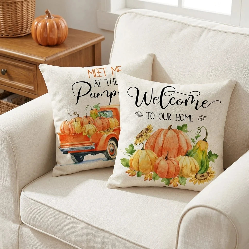 Throw Pillow Cover Autumn Pumpkin Cotton Machine Washable