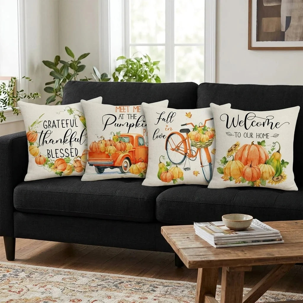 Throw Pillow Cover Autumn Pumpkin Cotton Machine Washable